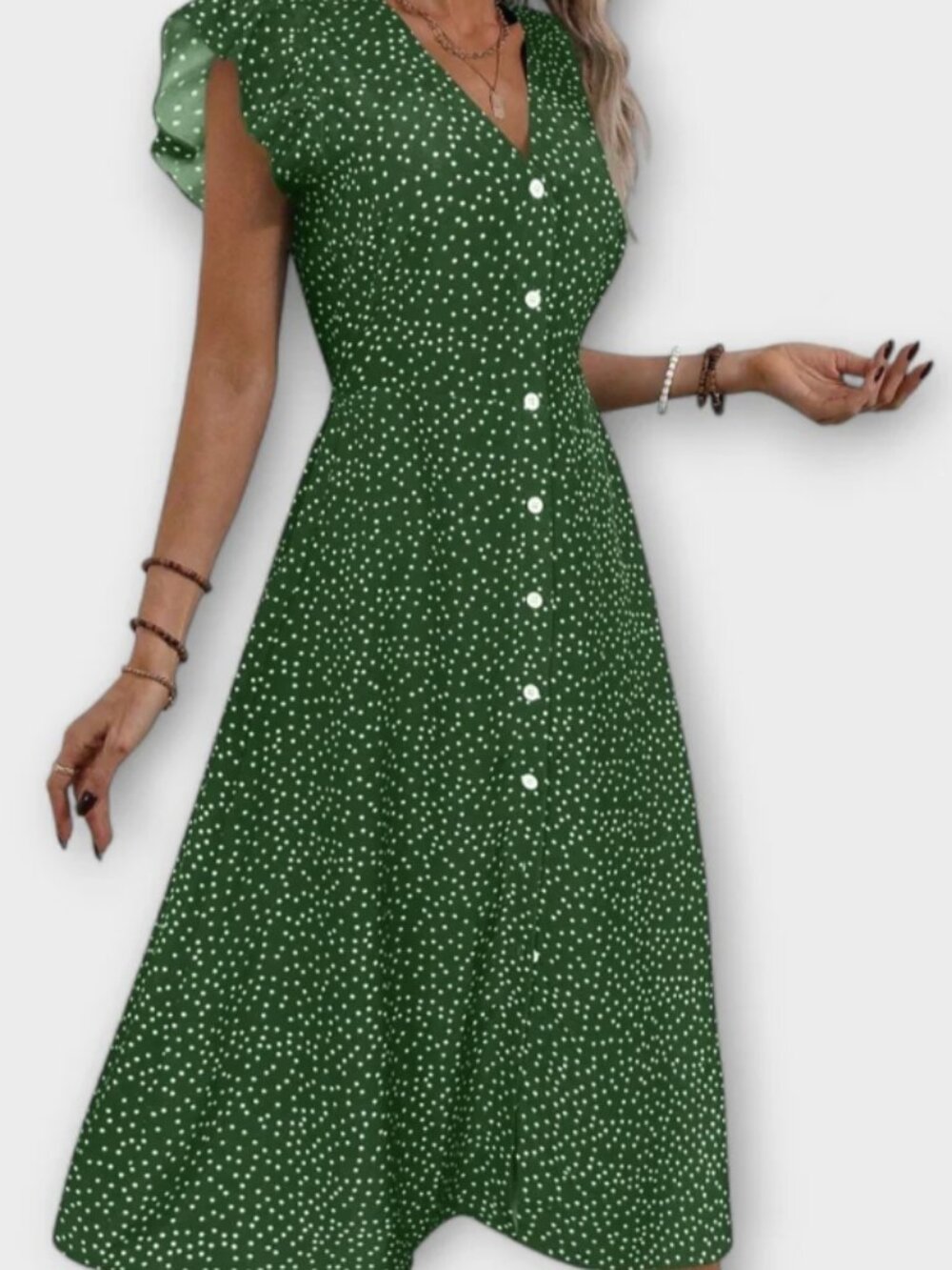 Maribeth Elegant Olive Green Polka Dot Midi Dress | A-Line | NWOT | Medium